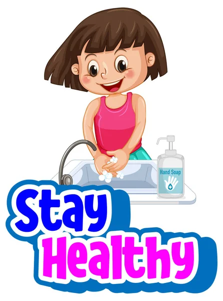 用肥皂洗手的女孩用孤立的图解保持健康字体 — 图库矢量图片
