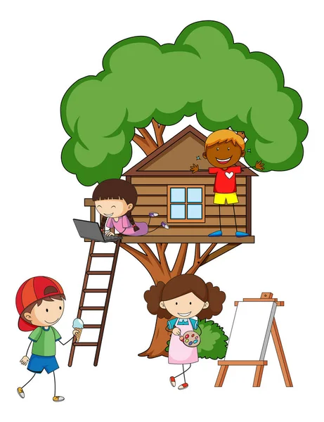 たくさんの子供たちがさまざまな活動をしている木の家イラスト — ストックベクタ