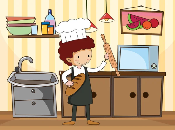 Baker Hombre Escena Cocina Con Equipos Ilustración — Vector de stock