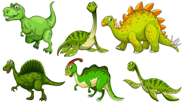 Sada Zelené Dinosaurus Kreslený Znak Ilustrace — Stockový vektor