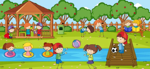 Escena Aire Libre Con Muchos Niños Jugando Ilustración Del Parque — Vector de stock