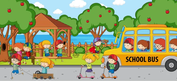 Playground Scene Many Kids Doodle Cartoon Character Illustration — Stock Vector