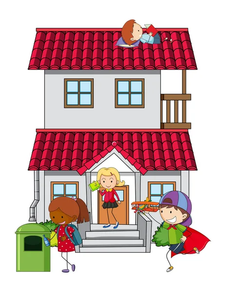 Many Kids Doing Different Activities House Illustration — Stock Vector