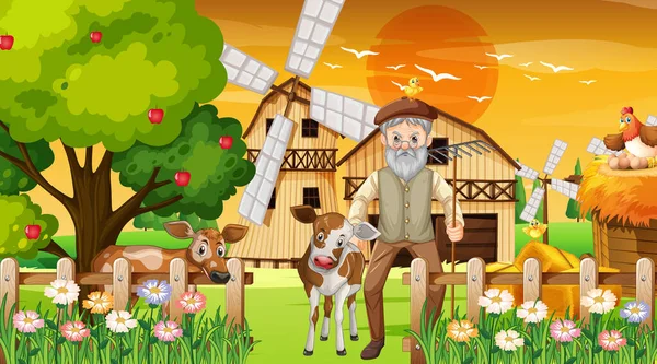 Granja Atardecer Escena Con Viejo Granjero Hombre Animales Granja Ilustración — Vector de stock