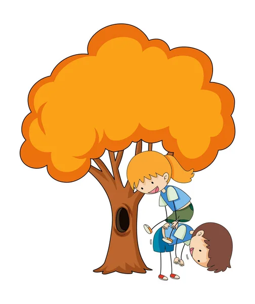 两个小孩带着一棵大树上孤立的图解 — 图库矢量图片