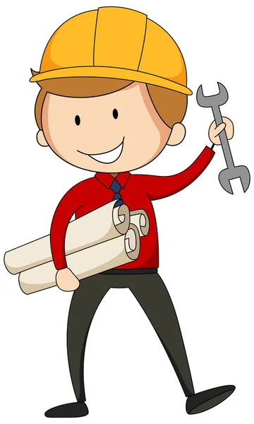 Pequeño Ingeniero Doodle Personaje Dibujos Animados Ilustración Aislada — Vector de stock