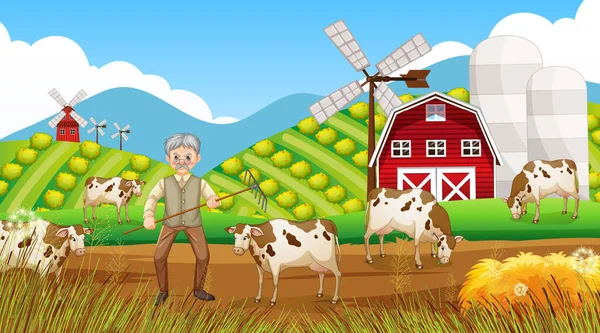 Farma Denní Scéně Starým Farmářem Muž Hospodářská Zvířata Ilustrace — Stockový vektor