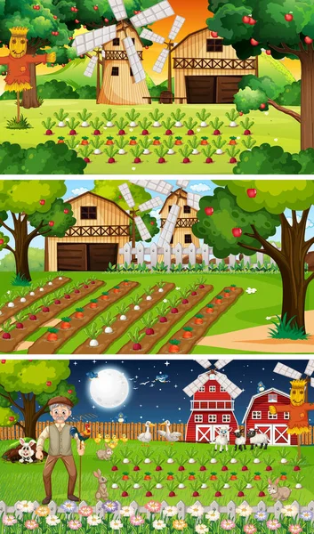 Különböző Farm Jelenetek Régi Mezőgazdasági Termelő Állat Rajzfilm Karakter Illusztráció — Stock Vector