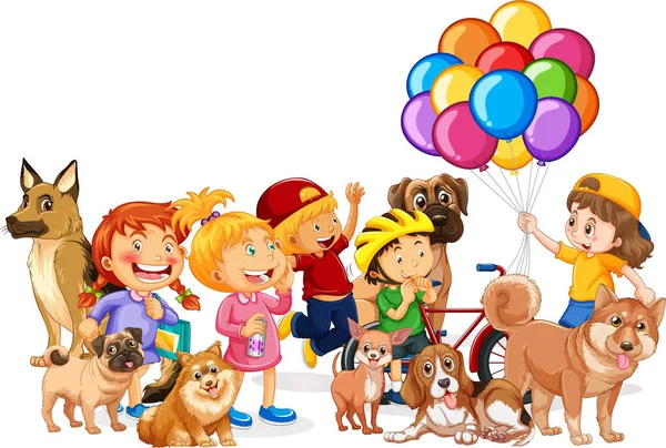 犬のイラストを持つ子供たちのグループ — ストックベクタ