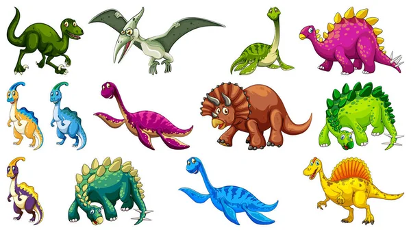 Different Dinosaurs Cartoon Character Fantasy Dragons Isolated Illustration — Stock Vector