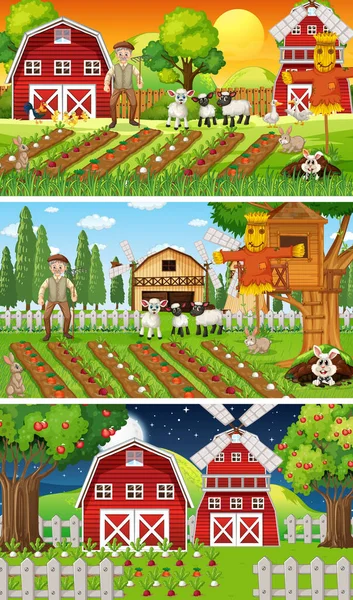 Különböző Farm Jelenetek Régi Mezőgazdasági Termelő Állat Rajzfilm Karakter Illusztráció — Stock Vector