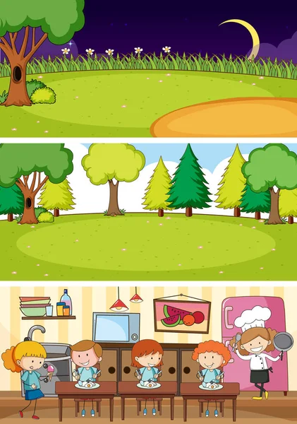 Set Van Verschillende Horizontale Scènes Achtergrond Met Doodle Kinderen Cartoon — Stockvector