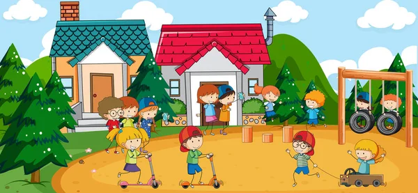 Oyun parkında oynayan çocukların olduğu açık hava sahnesi