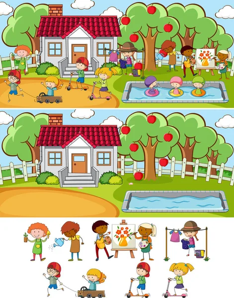 Set Different Horizontal Scenes Background Doodle Kids Cartoon Character Illustration — Stock Vector