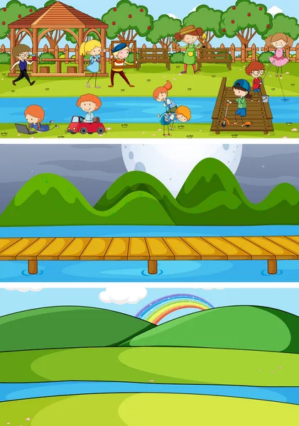 Set Von Verschiedenen Horizontalen Szenen Hintergrund Mit Kritzeleien Kinder Zeichentrickfigur — Stockvektor