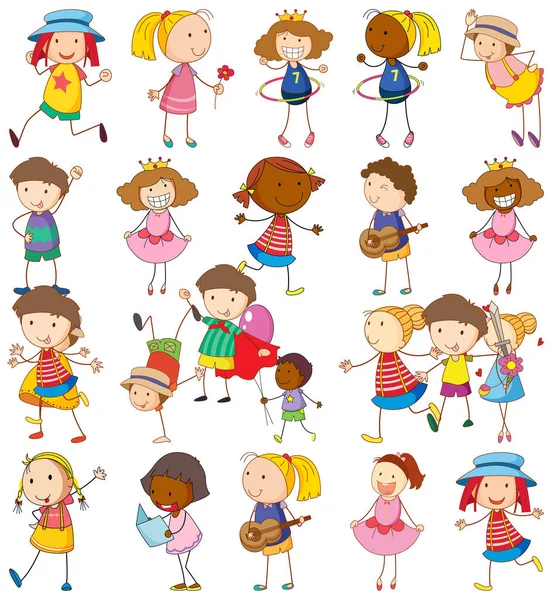 Set Diferentes Niños Estilo Doodle Ilustración — Vector de stock