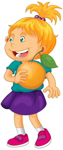Happy Girl Cartoon Character Holding Orange Illustration — Stock Vector