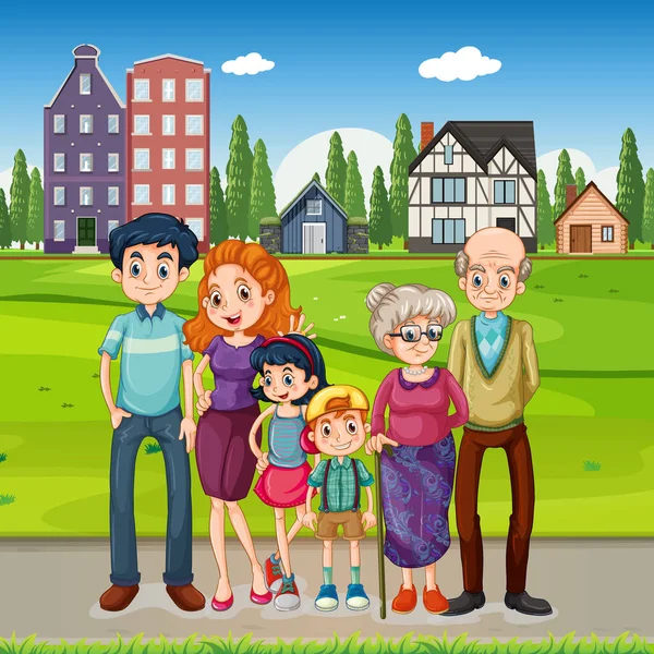 Happy Family Standing Many Houses Background Illustration — Stock Vector