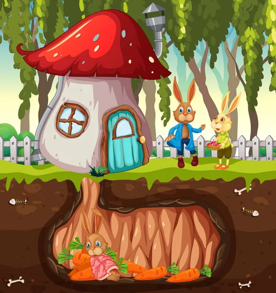 Підземний Кролячий Отвір Поверхнею Землі Ілюстрація Сцени Саду — стоковий вектор