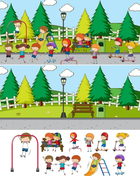 Park Scene Set Met Veel Kinderen Cartoon Karakter Geïsoleerde Illustratie — Stockvector