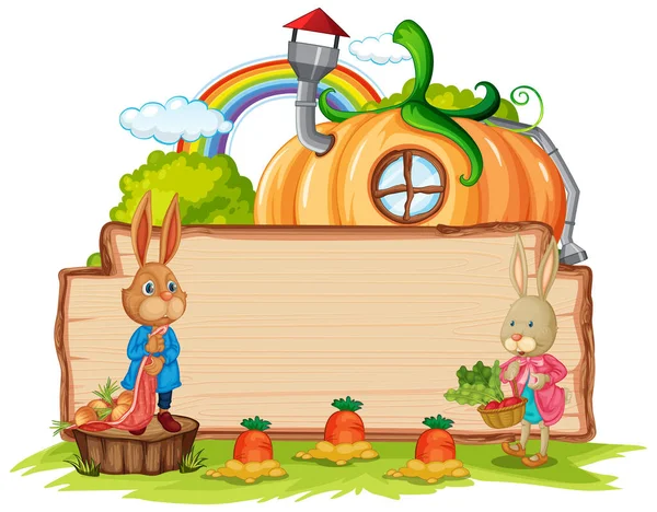 Empty Wooden Board Rabbit Garden Isolated Illustration — Stock Vector