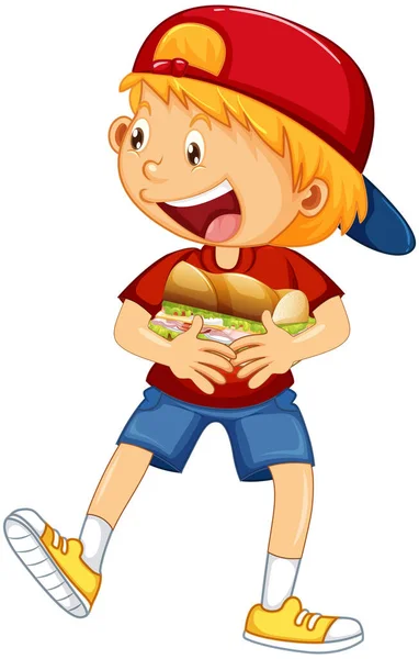 快乐男孩卡通人物拥抱食物三明治插图 — 图库矢量图片