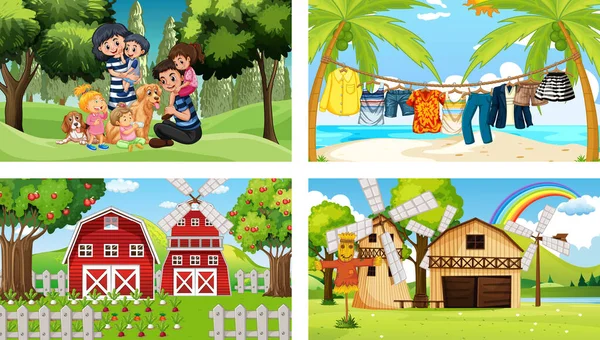 Quattro Scene Diverse Con Illustrazione Personaggi Dei Cartoni Animati Bambini — Vettoriale Stock