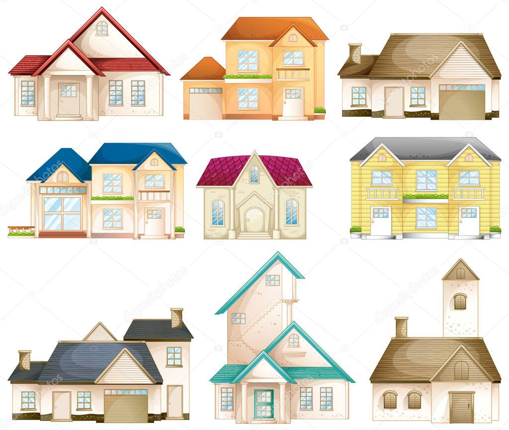 Set of different types of houses isolated illustration