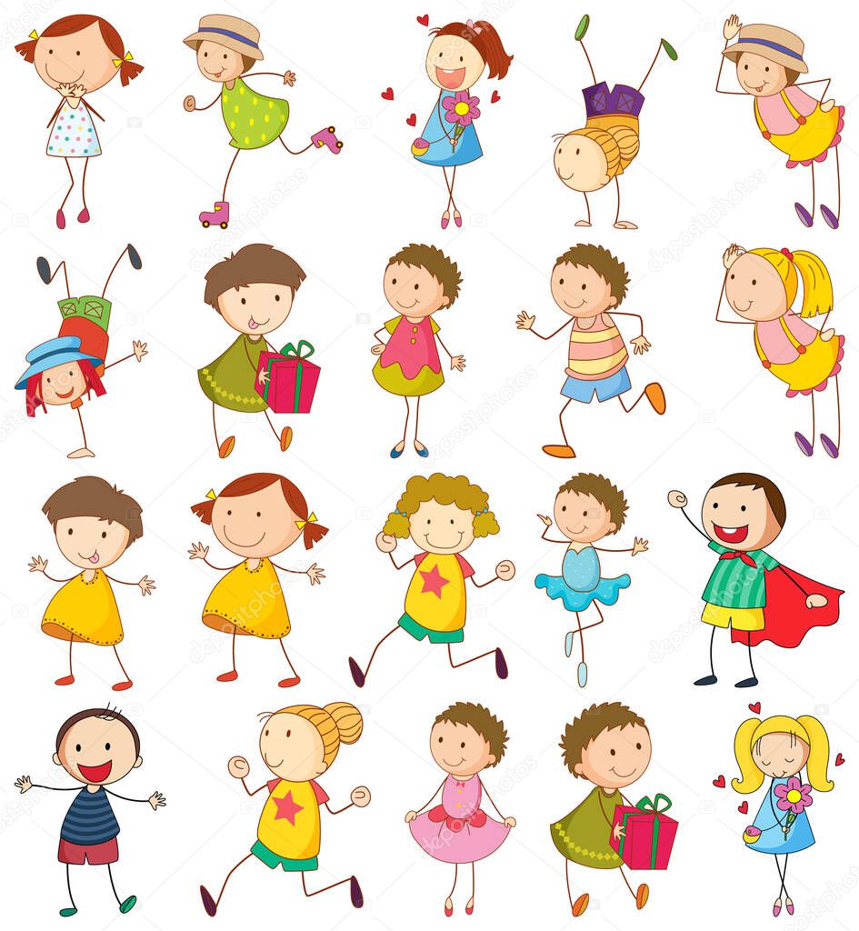Set of different kids in doodle style illustration