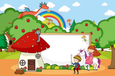 Orman sahnesindeki boş pankartta çizgi film karakteri ve illüstrasyon unsurları yer alıyor.