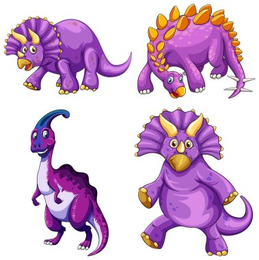 Set of purple dinosaur cartoon character illustration clipart