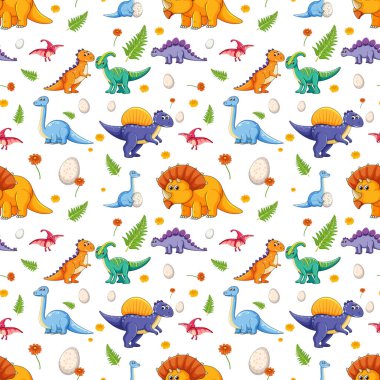 Beyaz arkaplanda çeşitli şirin dinozorlarla kusursuz desen