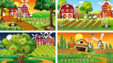 Yaşlı çiftçi ve hayvan çizgi film karakteri resimlerinin olduğu farklı çiftlik sahneleri.