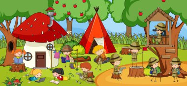 Orman illüstrasyonunda kamp yapan çocukların olduğu açık hava sahnesi.