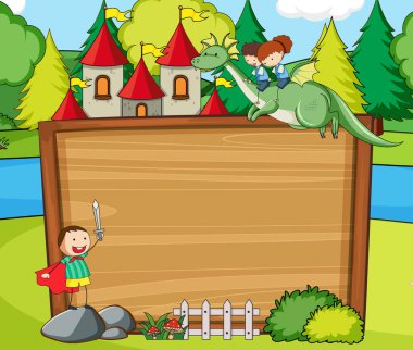 Orman sahnesinde içi boş ahşap pankart peri masalı karakteri ve çizim elementleriyle