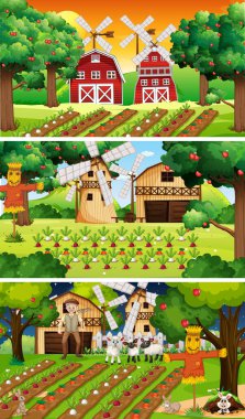 Yaşlı çiftçi ve hayvan çizgi film karakteri resimlerinin olduğu farklı çiftlik sahneleri.