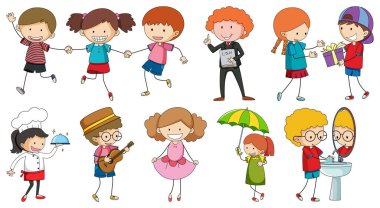 Farklı karalama çocukları çizgi film karakteri çizimleri