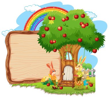 Bahçesinde bir tavşan olan boş ahşap tahta.