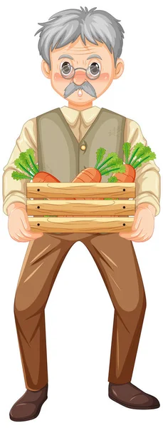 Viejo Granjero Sosteniendo Caja Madera Zanahorias Ilustración Aislada — Vector de stock