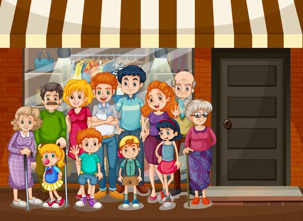 Escena Ciudad Con Familia Feliz Pie Delante Ilustración Tienda Compras — Vector de stock