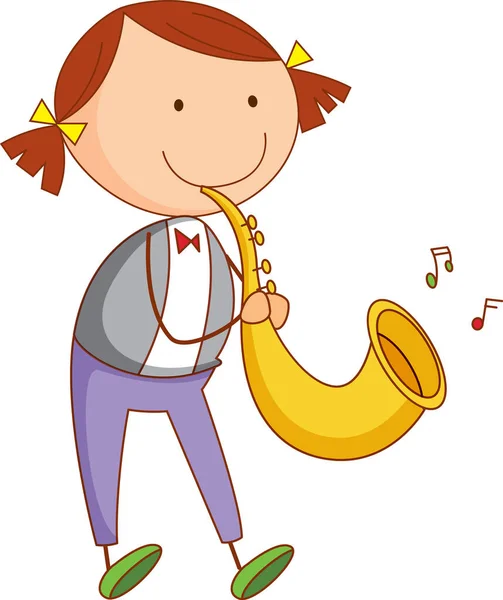 Ein Doodle Kind Spielt Saxophon Cartoon Figur Isolierte Illustration — Stockvektor