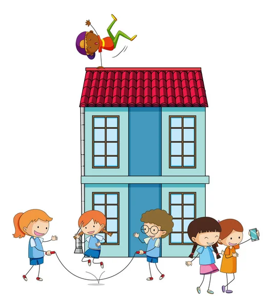 Mnoho Dětí Dělá Různé Aktivity Okolí Domu Ilustrace — Stockový vektor
