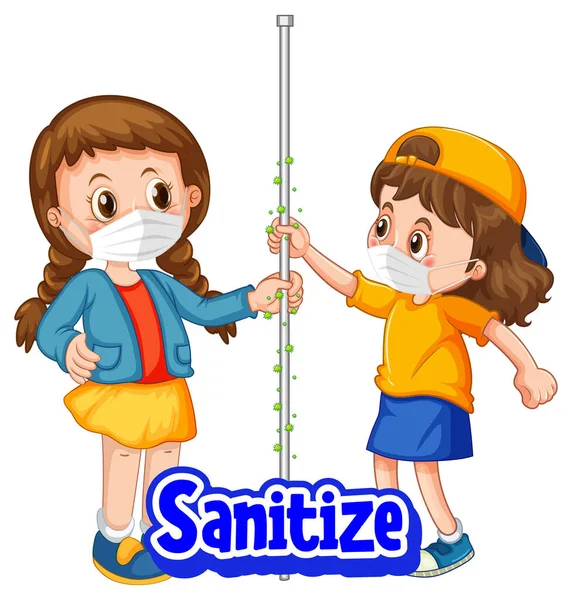 Sanitize Schrift Cartoon Stil Mit Zwei Kindern Halten Soziale Distanzierung — Stockvektor