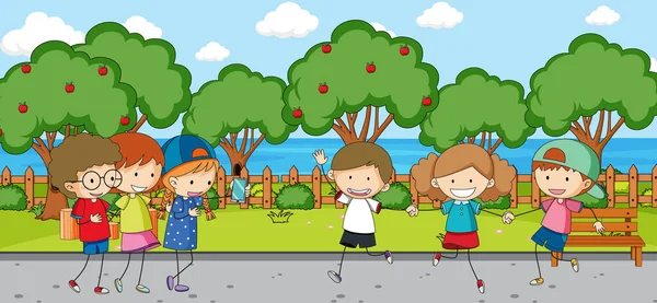 Outdoor Szene Mit Vielen Kindern Die Park Spielen Illustration — Stockvektor