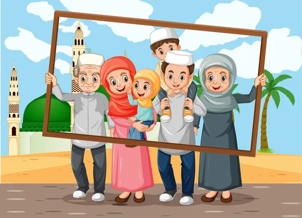 Happy Rodina Drží Foto Rám Mešitou Pozadí Ilustrace — Stockový vektor