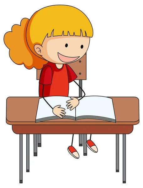 Una Chica Haciendo Tarea Doodle Dibujo Animado Personaje Ilustración — Vector de stock