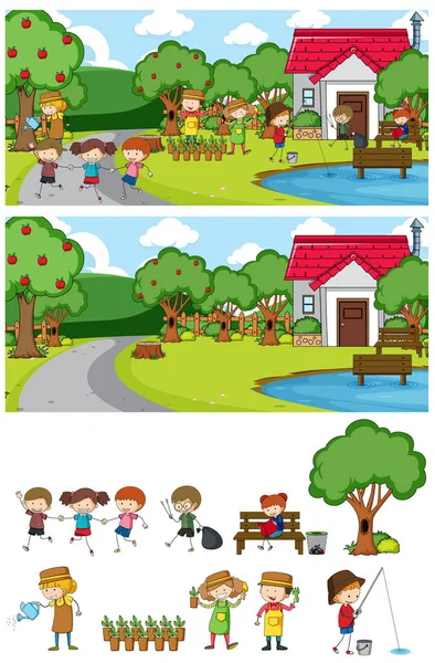 Park Scene Set Many Kids Doodle Cartoon Character Isolated Illustration — Stock Vector