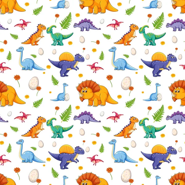 Seamless Pattern Various Cute Dinosaurs White Background Illustration — Stock Vector