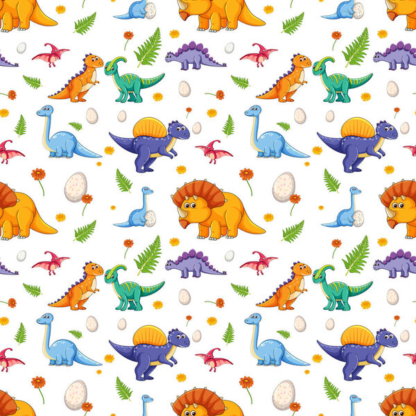 Seamless pattern with various cute dinosaurs on white background illustration
