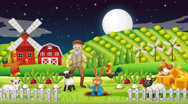 Farm Night Scene Old Farmer Man Farm Animals Illustration — Stock Vector